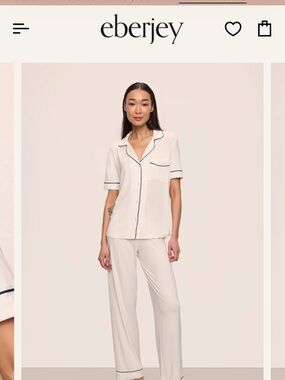 Eberjey Cream Short-Sleeve Pajama Shirt with Navy Trim